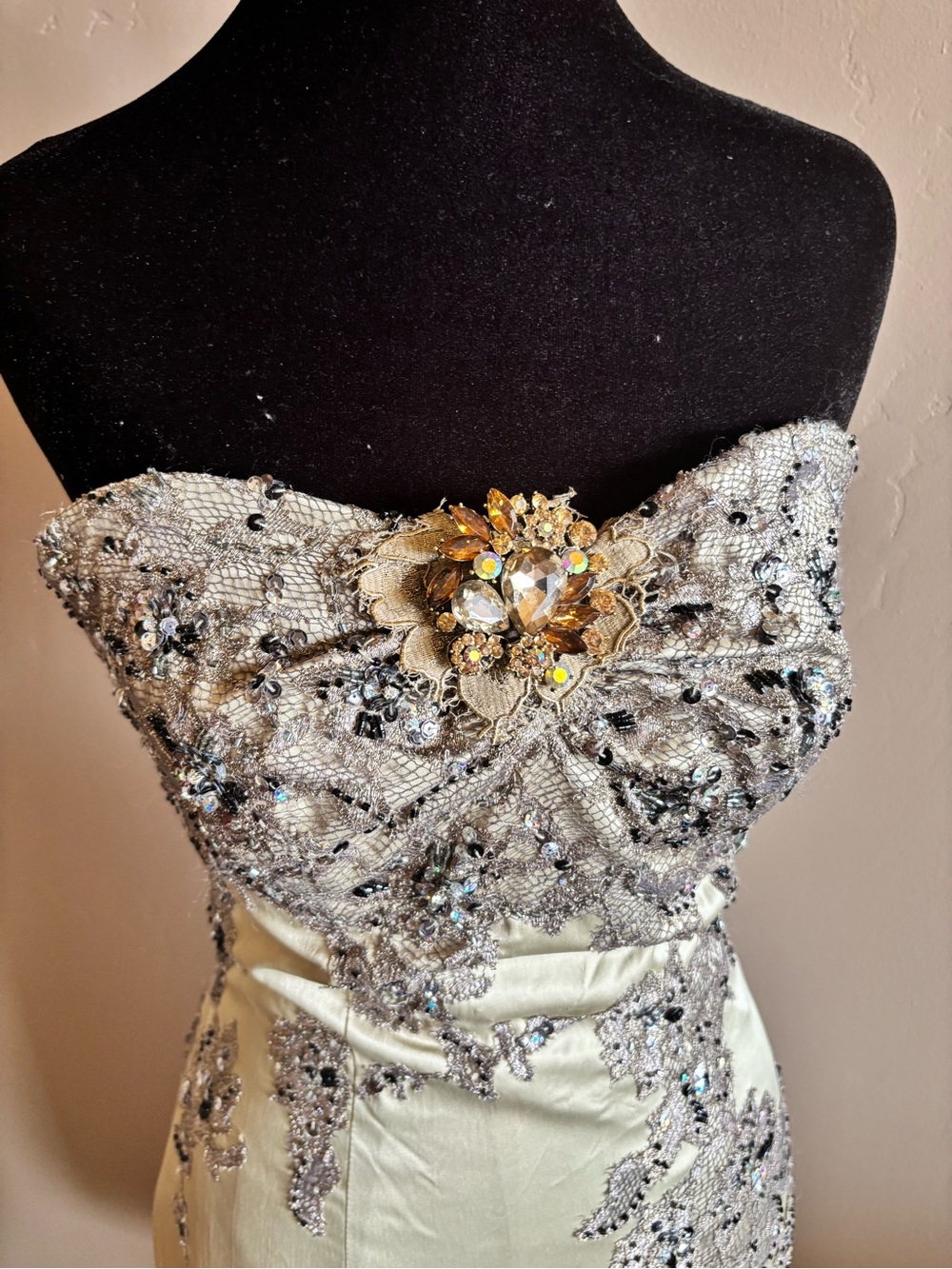 Mandalay Strapless Ivory-Cream Satin Sheath Dress with Silver Embellishment - Picture 3 of 4